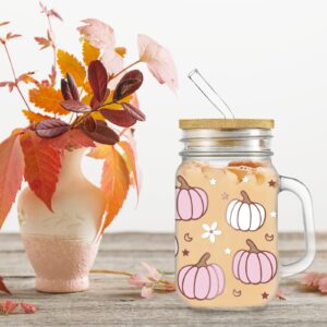 Whaline Fall Mason Jar Mug with Handle 18oz Pumpkin Flower Star Mason Jar Drinking Glasses Pink White Pumpkin Ice Coffee Cups with Lid and Straw for Iced Coffee Tea Soda Cocktail Gifts