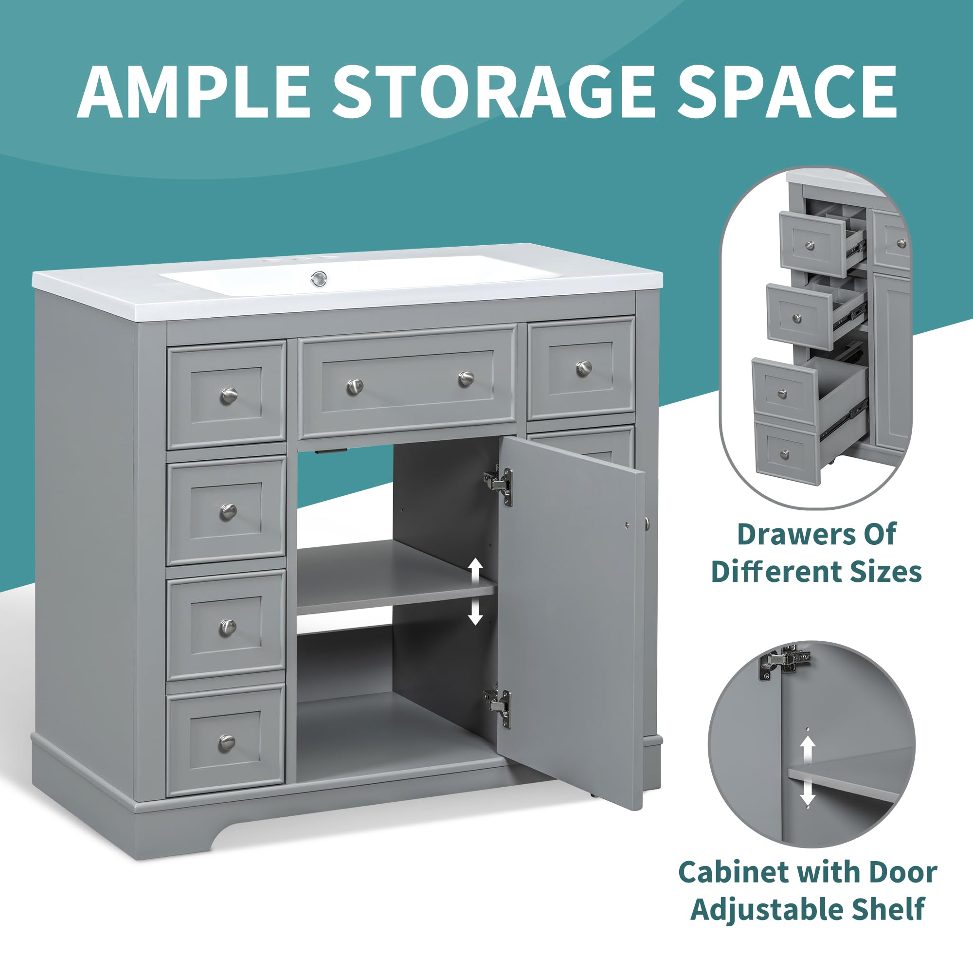 Entcook 36" Bathroom Vanity with Top and Sink, Bathroom Sink Vanity Set with 1 Cabinet 6 Drawers, Solid Wood and MDF Board, Bathroom Sink and Vanity Combo Set for Bathroom Grey