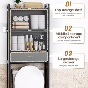 Cozivolife Over The Toilet Storage Cabinet with Drawer and Flip Door,Bamboo Bathroom Organizer Shelf with Anti-Tip Design and Waterproof Feet Pad,Freestanding Rack Above Toilet Space Saver (Black)