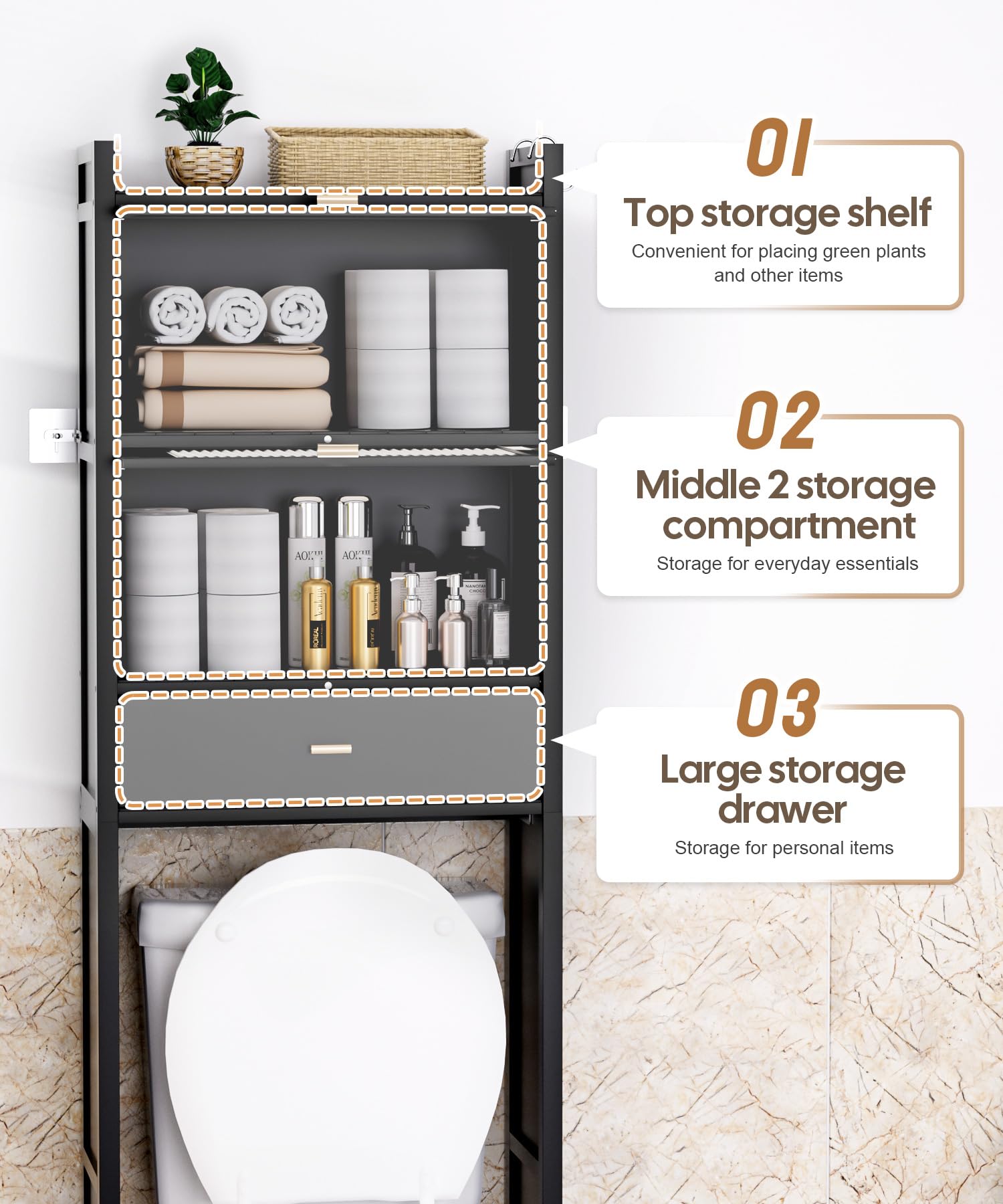 Cozivolife Over The Toilet Storage Cabinet with Drawer and Flip Door,Bamboo Bathroom Organizer Shelf with Anti-Tip Design and Waterproof Feet Pad,Freestanding Rack Above Toilet Space Saver (Black)