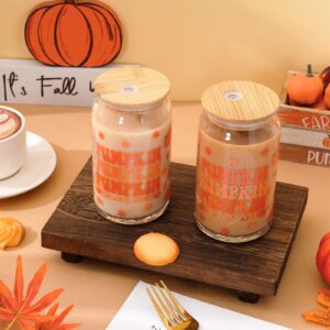 Whaline 2 Pack Fall Drinking Glasses 16oz Pink Pumpkin Flower Glass Cup Fall Harvest Iced Coffee Cup for Autumn Thanksgiving Cocktail Whiskey Beer Soda Gifts