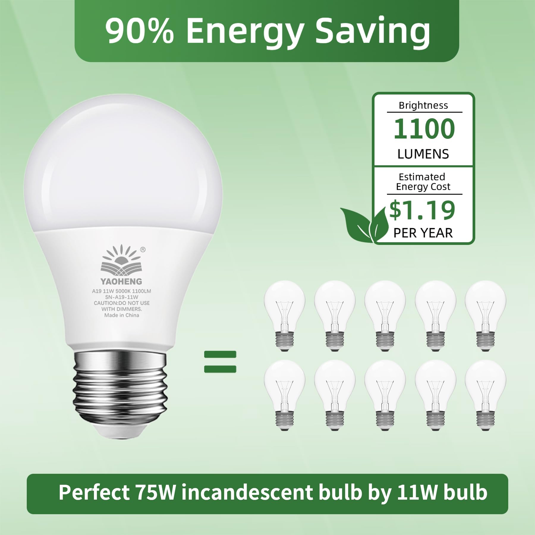 YAOHENG A19 LED Light Bulb 75 Watt Equivalent, 11 Watt Light Bulbs, 5000K Daylight, 1100 Lumens, Non-Dimmable, E26 Base Lightbulbs, Standard LED Bulbs for Home, ETL Listed(4-Pack)