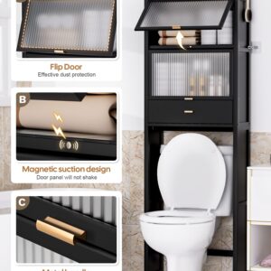 Cozivolife Over The Toilet Storage Cabinet with Drawer and Flip Door,Bamboo Bathroom Organizer Shelf with Anti-Tip Design and Waterproof Feet Pad,Freestanding Rack Above Toilet Space Saver (Black)