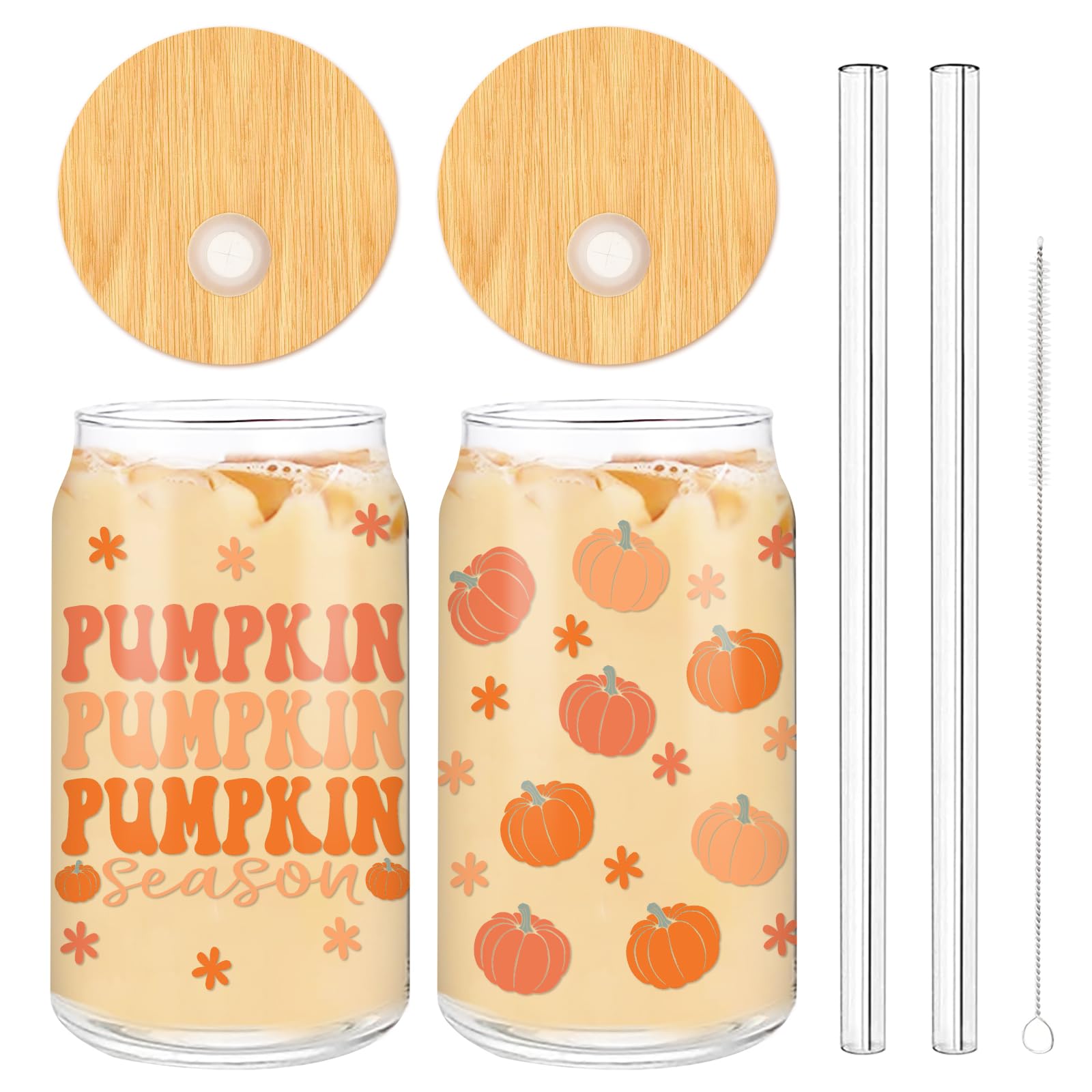 Whaline 2 Pack Fall Drinking Glasses 16oz Pink Pumpkin Flower Glass Cup Fall Harvest Iced Coffee Cup for Autumn Thanksgiving Cocktail Whiskey Beer Soda Gifts