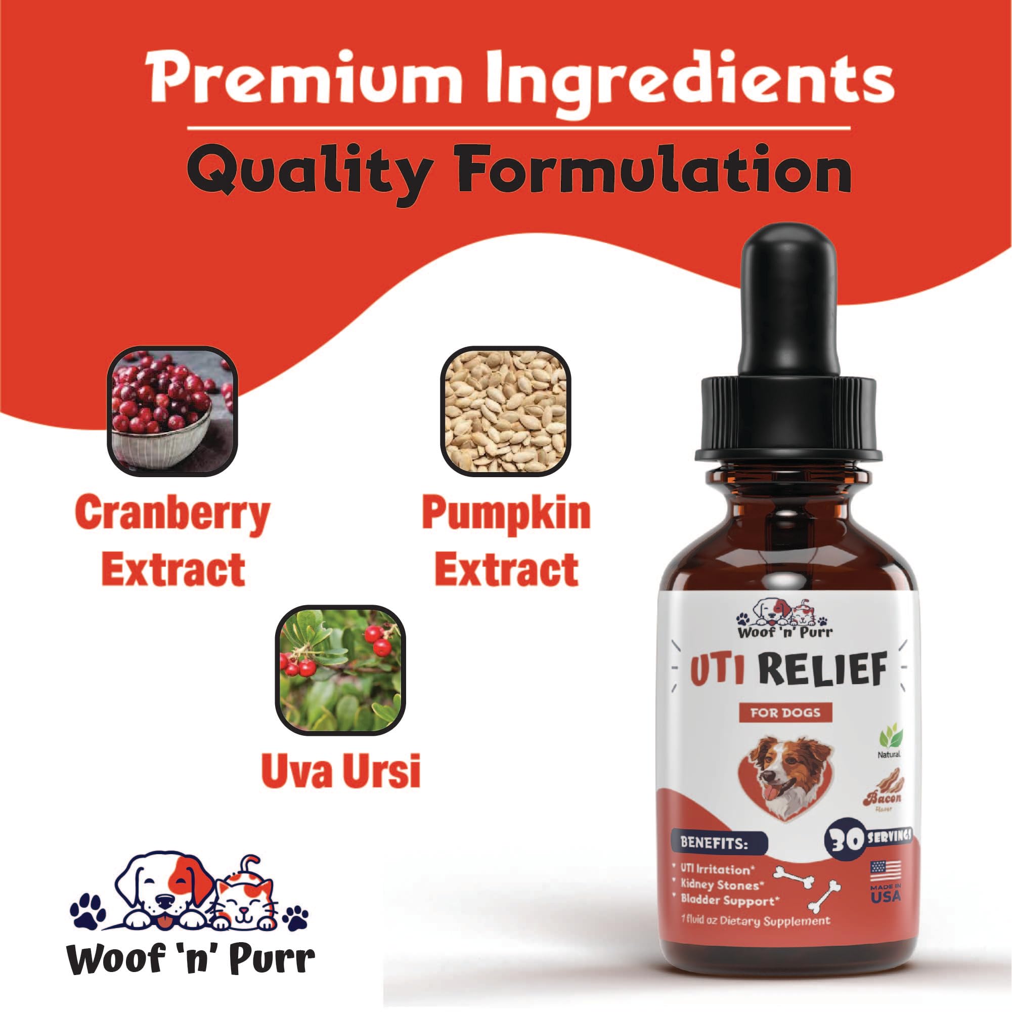 Natural Dog UTI Treatment - Dog UTI - Dog Urinary Tract Infection Treatment - UTI Dog Treatment - Dog UTI Supplement - Dog UTI Cranberry - Dog Cranberry Supplement - 1 fl oz - Bacon Flavor