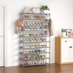 LANTEFUL 10 Tiers Shoe Rack 50 Pairs Large Capacity Tall Shoe Organizer Sturdy Shoe Storage with Two Hooks Space Saving Metal Wide Shoe Rack for Closet, Entryway, Bedroom, Grey