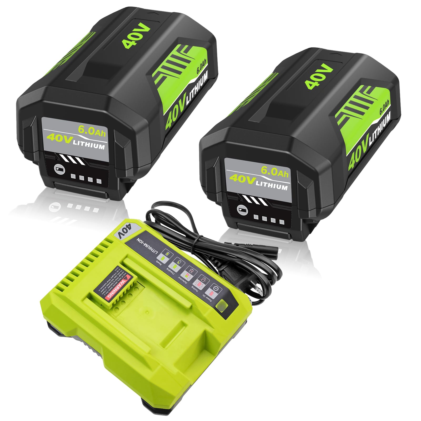 2 Packs 6.0Ah Li-ion OP40601 Battery and OP401 Charger Replacement for Ryobi 40V Battery and Charger kit Compatible with Ryobi 40 Volt Battery OP4026 OP40601 OP4050A OP4040 OP4030 OP4050(Green)