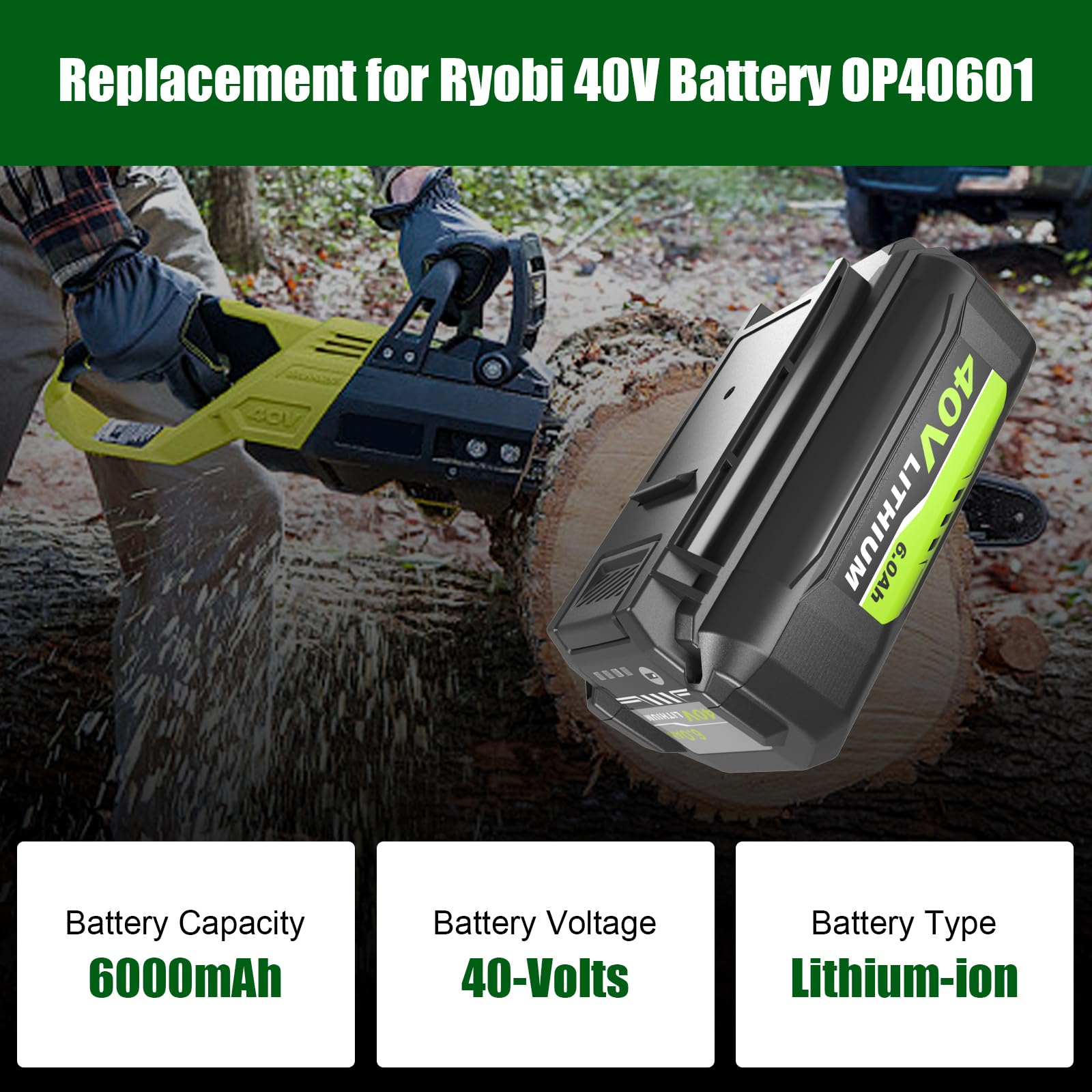 2 Packs 6.0Ah Li-ion OP40601 Battery and OP401 Charger Replacement for Ryobi 40V Battery and Charger kit Compatible with Ryobi 40 Volt Battery OP4026 OP40601 OP4050A OP4040 OP4030 OP4050(Green)