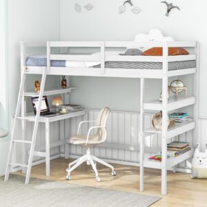 komfott twin loft bed with desk & storage shelves, wood loft bed frame for kids teens with bookcase, ladder, guardrail, no box spring needed, space-saving loft bed for dorm, apartment