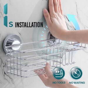 TAILI Shower Caddy Suction Cup 2 Pack with Hooks & Soap Holder, Heavy Duty Shower Organizer for Bathroom, No Drilling Silver Shower Shelves for Inside Shower, Stainless Steel Shower Holder