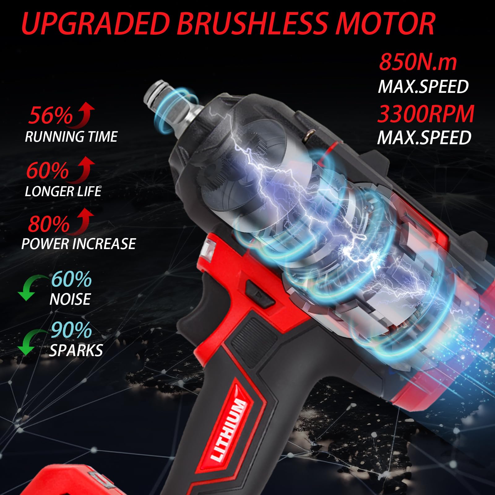 850Nm(650 Ft-lbs) Cordless Impact Gun,1/2" Power Impact Wrenches,3300RPM High Torque Impact Gun w/2 x 4.0AH Battery,5 Sockets,8 Drill,6 Screws,21V Brushless Electric Impact Wrench Set for Car Tire