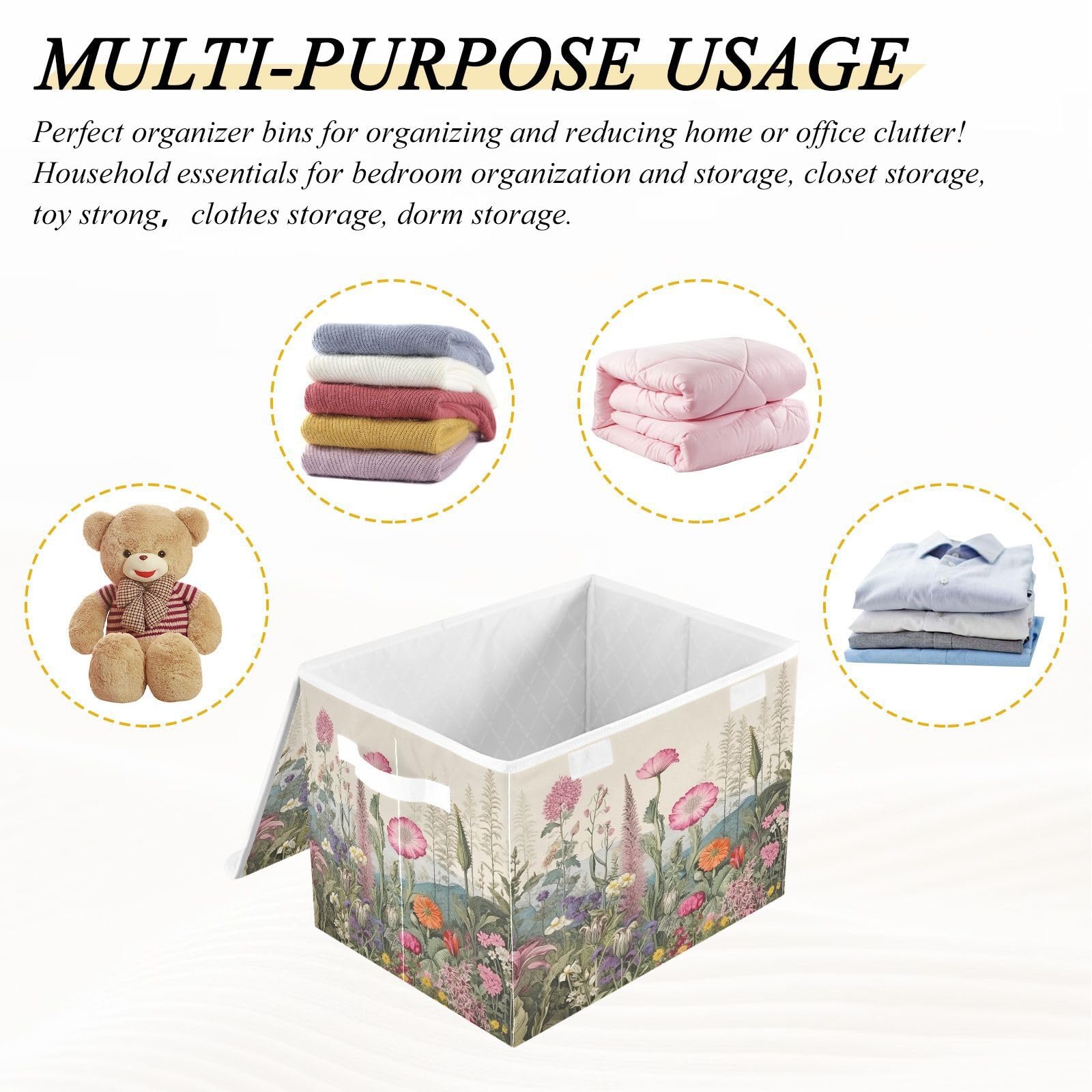 xigua Storage Basket Wildflowers Storage Boxes with Lids and Handle, Large Storage Cube Bin Collapsible for Shelves Closet Bedroom Living Room, 16.5x12.6x11.8 Inch