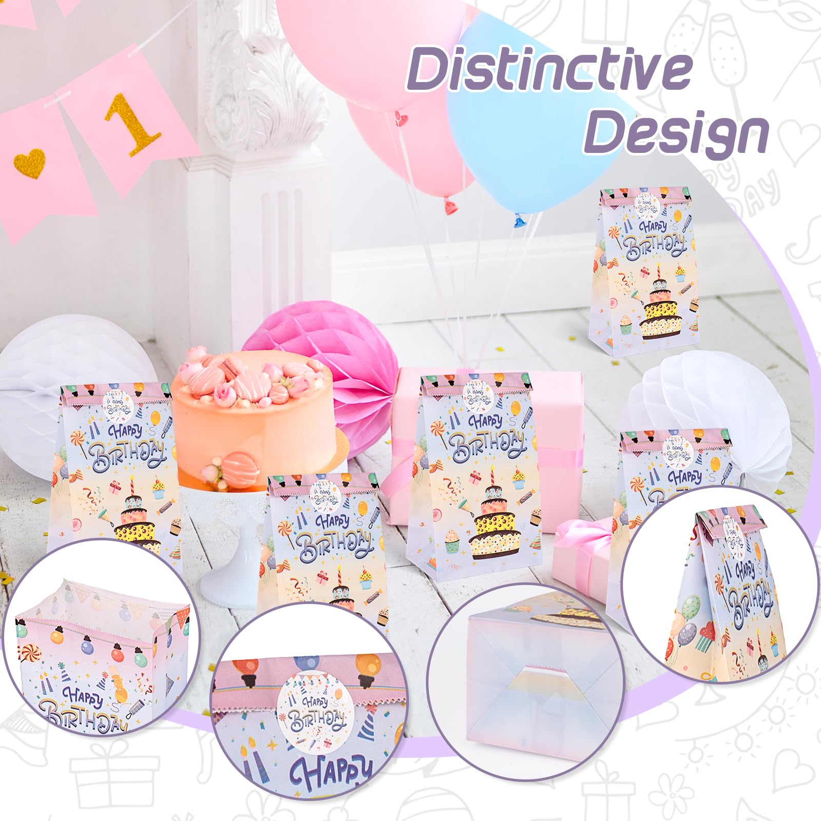 HONEYGIFTS 24PCS Birthday Goodie Bags with Stickers, Happy Birthday Party Favor Bags Gift Bags Treat Bags for Kids Birthday Party