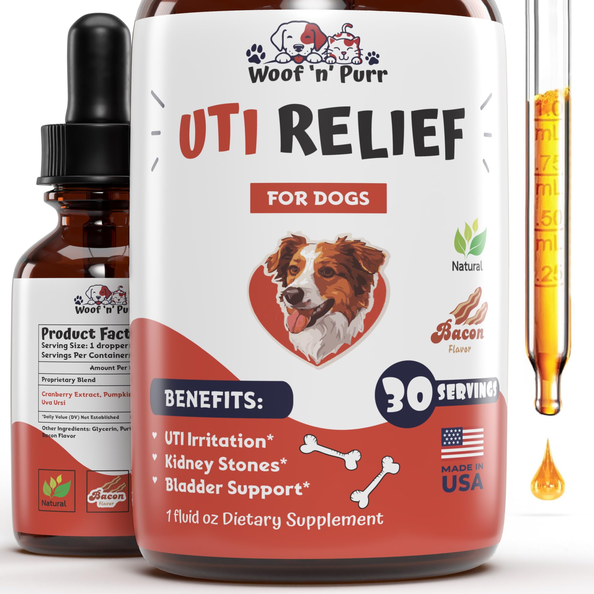 Natural Dog UTI Treatment - Dog UTI - Dog Urinary Tract Infection Treatment - UTI Dog Treatment - Dog UTI Supplement - Dog UTI Cranberry - Dog Cranberry Supplement - 1 fl oz - Bacon Flavor