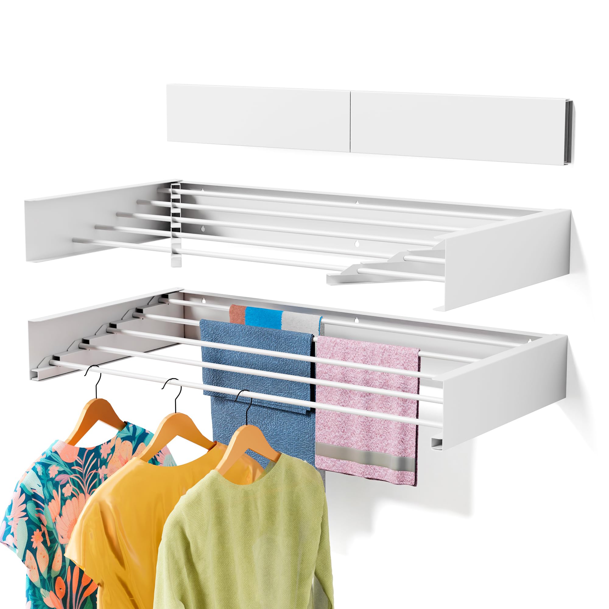 ZMBESUP Laundry Drying Rack Collapsible, Wall Mounted Drying Rack, Clothes Drying Rack, Retractable Wall Drying Rack, 31.5" Wide, 13.2 Linear Ft, 5 Aluminum Rods, 60 lb Capacity (White, 31.5" Wide)