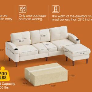 AILIUHUA L-Shaped Lounge Sectional Sofa for Living Room, 78 inch 3 Seater Comfort Couches with USB Charge & Cupholder, Washable and Removable Upholstered for Apartment and Office, Beige