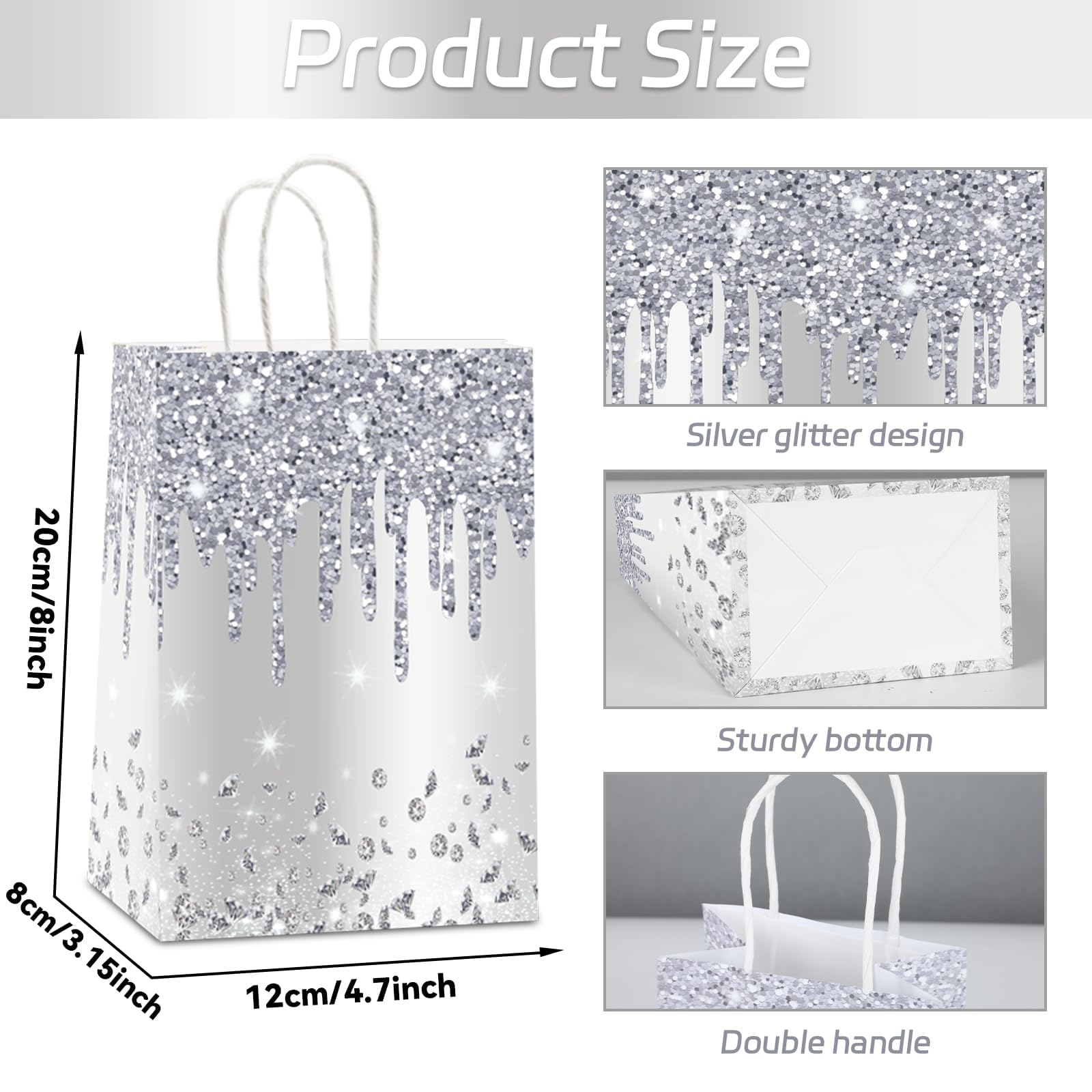 12Pcs Silver Glitter Gift Bags Glitter Diamond Goodie Bag Happy Birthday Treat Bag Diamond Silver Candy Bags Supply for Wedding Bridal Baby Shower Holiday Party Favors Decoration 4.7*3.15*8inch