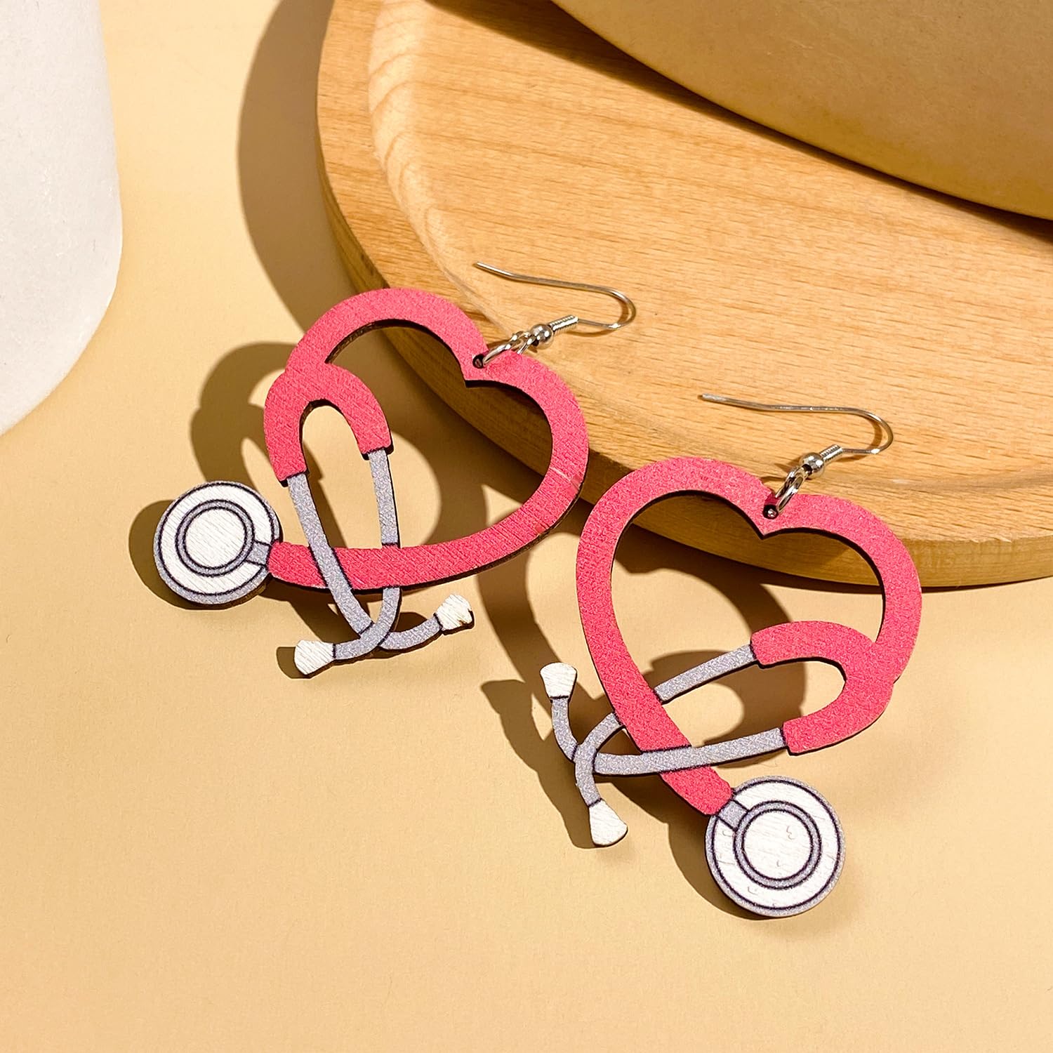 Doctor Nurse Stethoscope Wooden Dangle Earrings Love Heart Stethoscope Medical Theme Earrings Nurse's Day Gifts for Doctors Nurses Medical Students-Pink