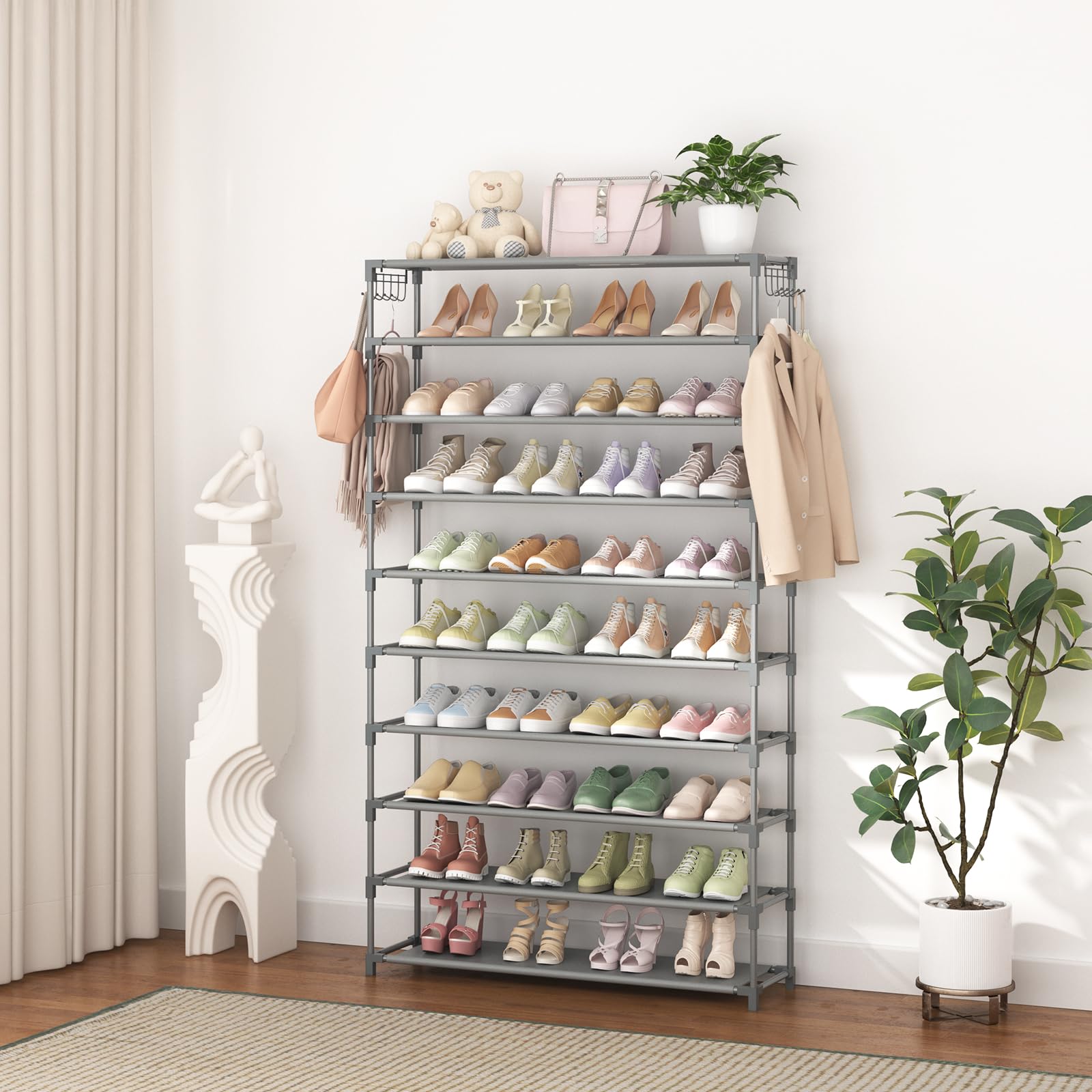 LANTEFUL 10 Tiers Shoe Rack 50 Pairs Large Capacity Tall Shoe Organizer Sturdy Shoe Storage with Two Hooks Space Saving Metal Wide Shoe Rack for Closet, Entryway, Bedroom, Grey