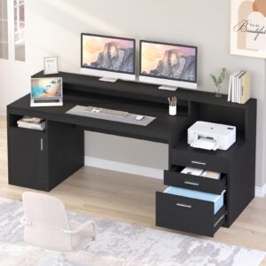 yomiluve computer desk with 3 drawer & storage shelves, home office desk with file drawer & cabinet, writing study table with long monitor stand & printer shelf, executive desk, black