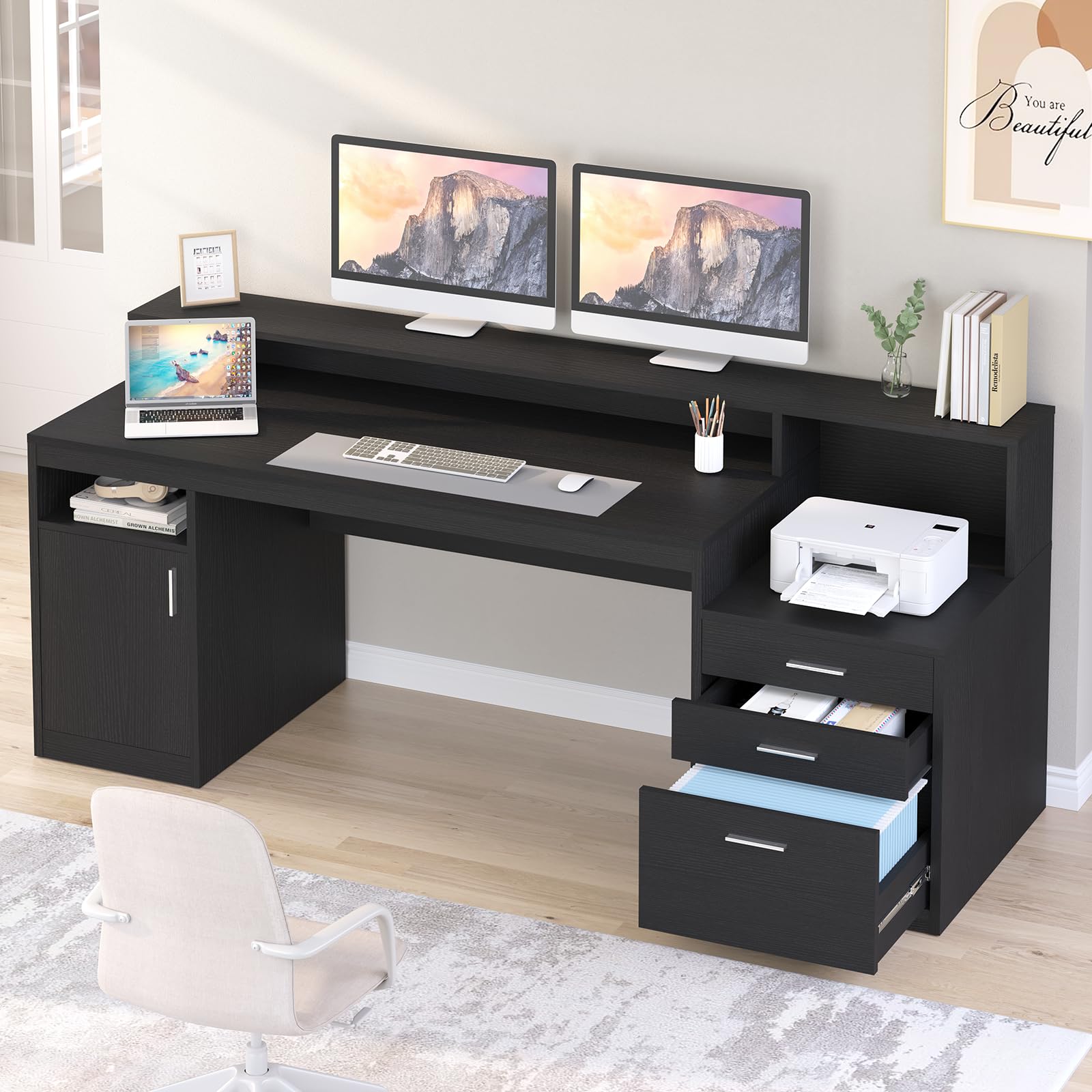 YOMILUVE Computer Desk with 3 Drawer & Storage Shelves, Home Office Desk with File Drawer & Cabinet, Writing Study Table with Long Monitor Stand & Printer Shelf, Executive Desk, Black