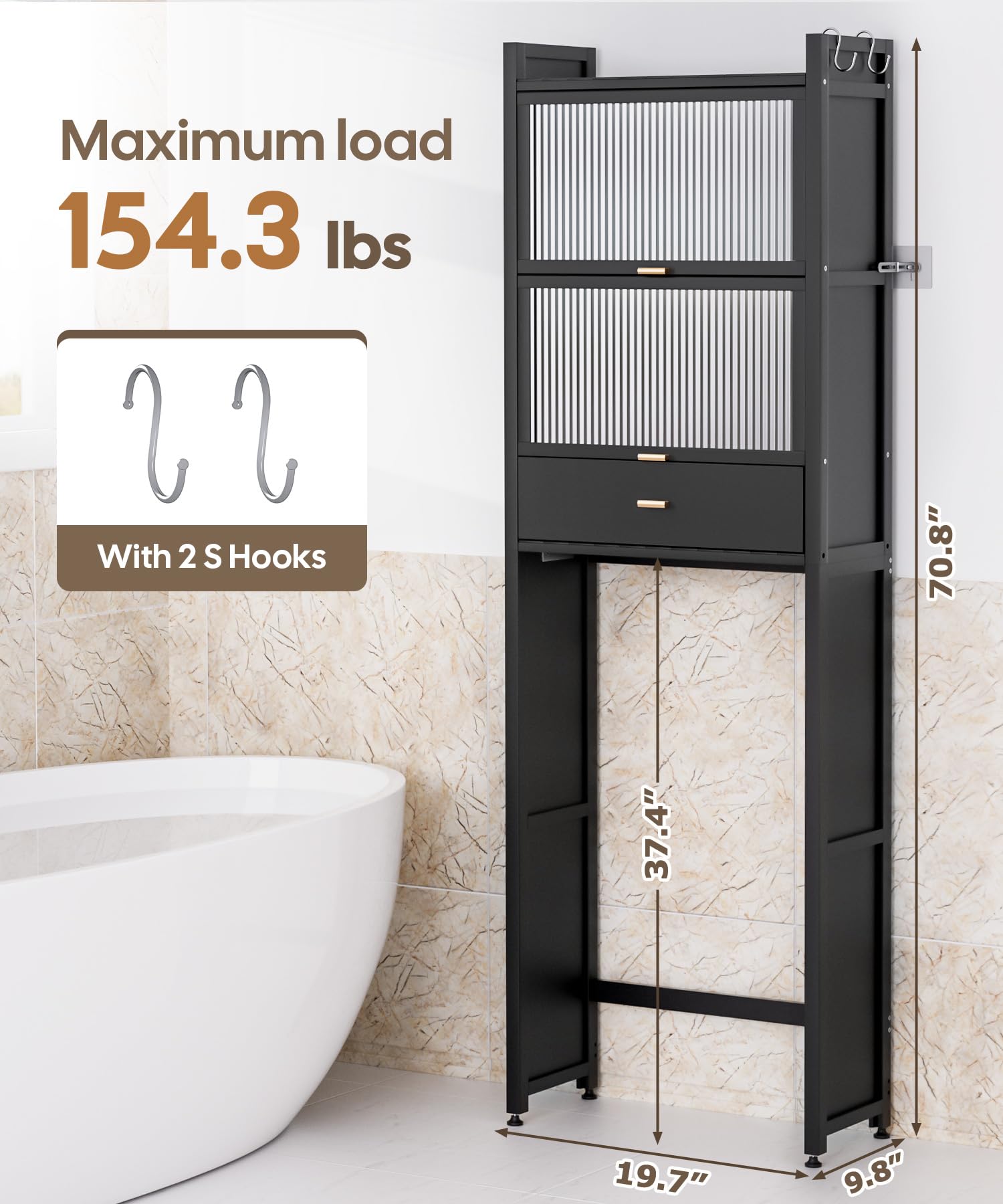 Cozivolife Over The Toilet Storage Cabinet with Drawer and Flip Door,Bamboo Bathroom Organizer Shelf with Anti-Tip Design and Waterproof Feet Pad,Freestanding Rack Above Toilet Space Saver (Black)