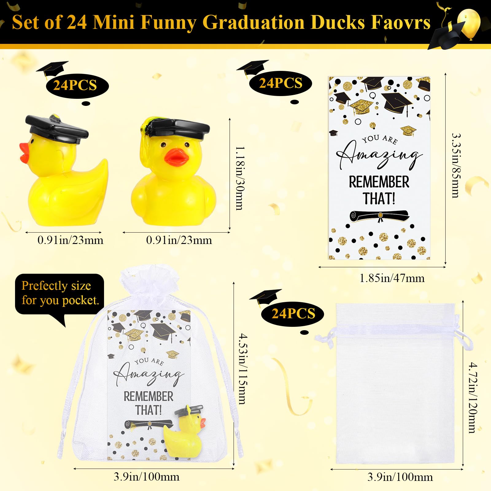 Chunful 24 Sets 2025 Graduation Gifts Resin Graduation Duck Funny Graduation Ducks with Inspirational Congratulation Cards Organza Bags for School Student College Son Daughter Graduation Party