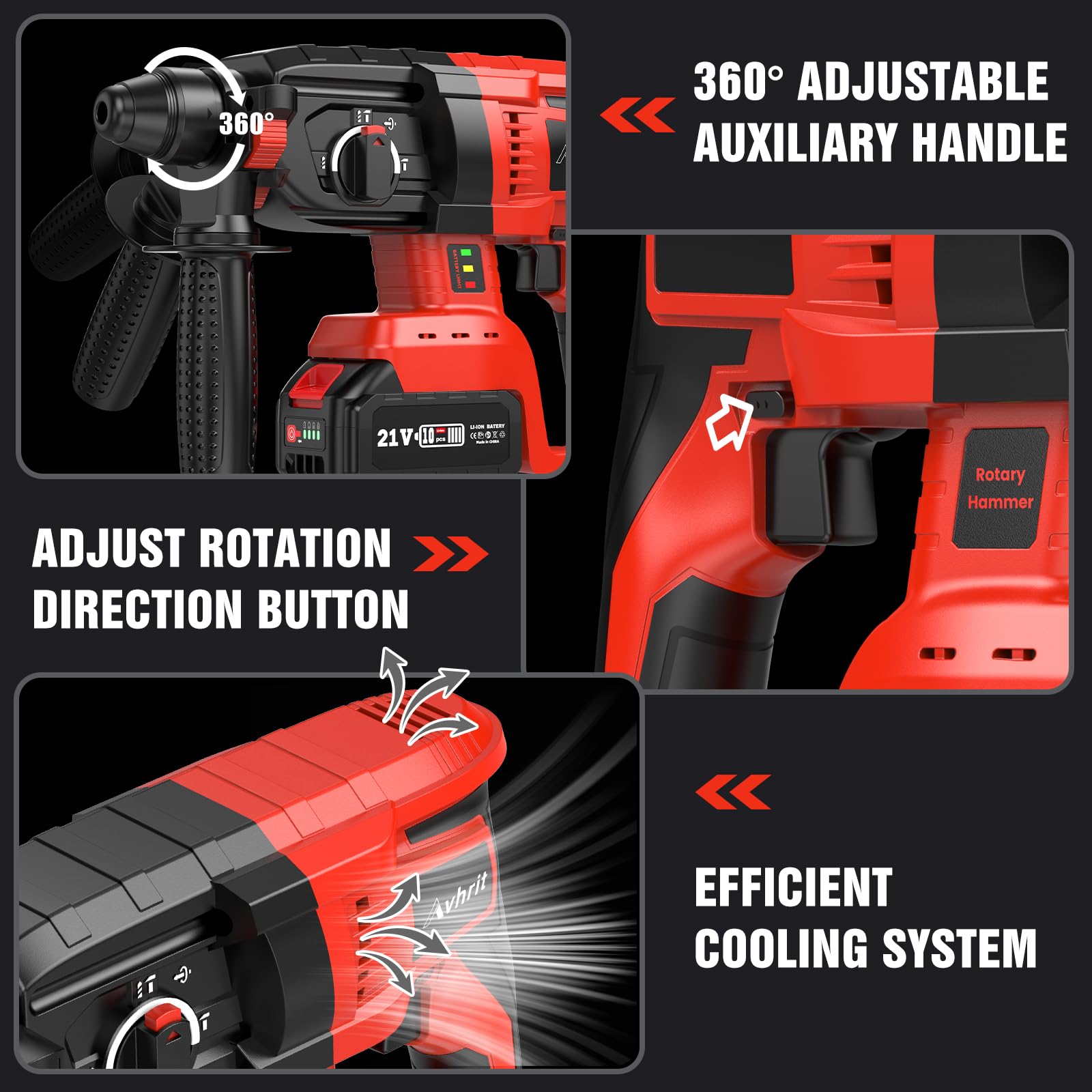 Avhrit 21V Cordless Hammer Drill, Powerful Rotary Hammer Drill with Batteries, Drill Bits, Brushless Motor, Safety Clutch, 4 in 1 Hammer Drill for Concrete Home Use and Professional Construction Work