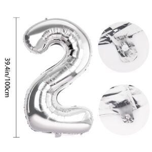 Number 2 Balloons 40 Inch Large Helium Foil Mylar Balloons For Birthdays Party Decorations/Wedding/Anniversary/Graduations/Baby Shower (Silver)