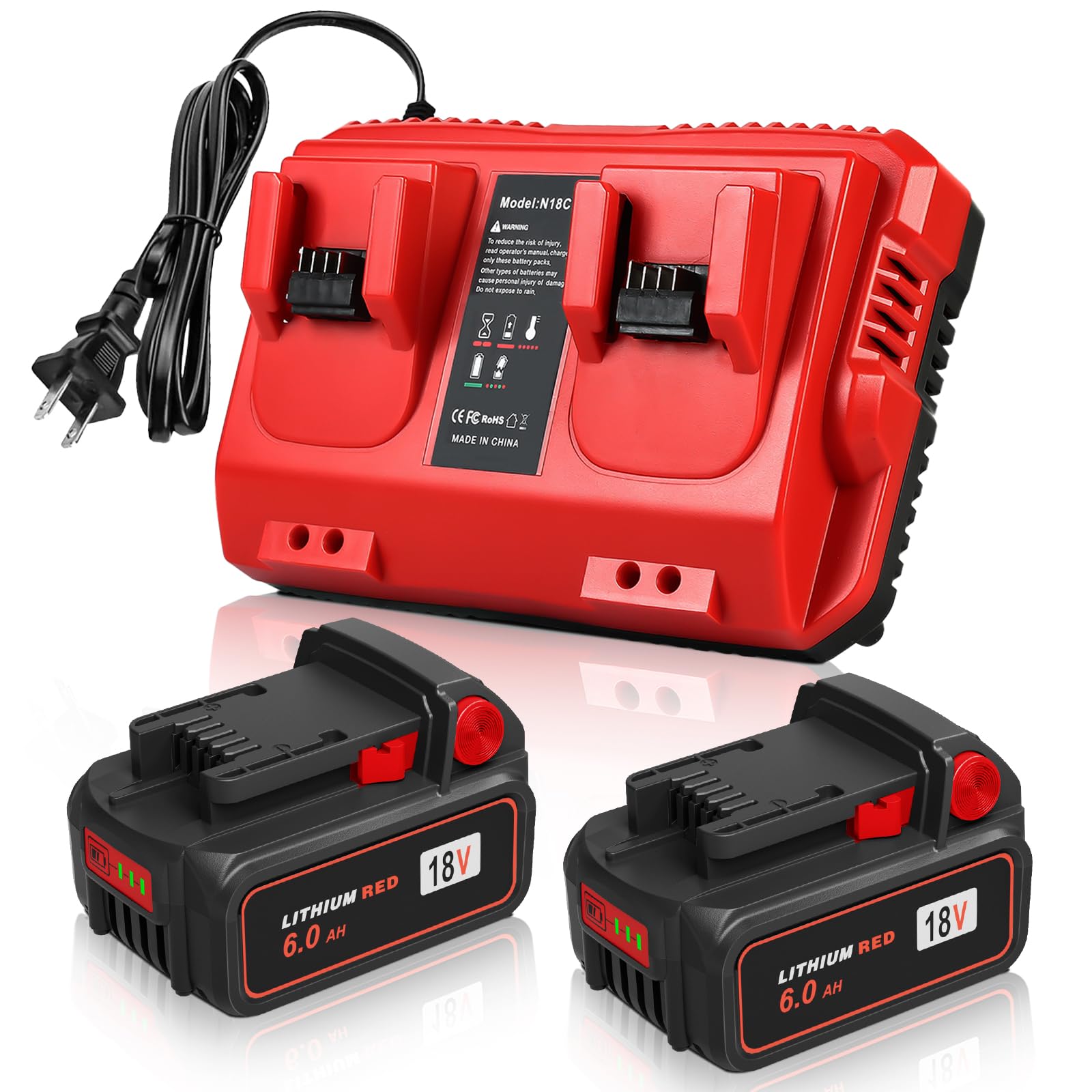 TeenPower Upgraded 18V 6.0Ah Batteries Replacement for Milwaukee M-18 Battery 2Pack and 1 Charger Combo(2-Port)