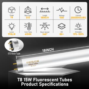 Jaenmsa 18 Inch F15T8/CW T8 15 Watt Linear Fluorescent Light Bulbs,15W Cool White 4100k T8 Tube,G13 Bi-Pin Base Replacement Bulb for Under Cabinet Light Bulbs,RV, Closet(3 Pack)