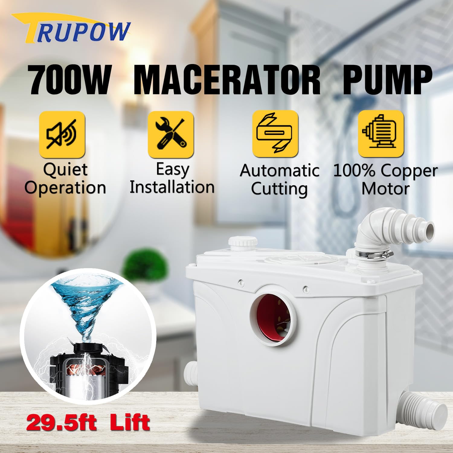 Trupow 700W 110V Macerator Sewerage Pump with 4 Water Inlets for Upflush Toilet System Waste Water Marine Toilet Bathroom Disposal Laundry