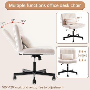 YFO Criss Cross Armless Home Office Chair with Replaceable Wheels/Fixed Base and Lumbar Support, Wide Seat Swivel Chair, Comfy Computer Chair, Beige