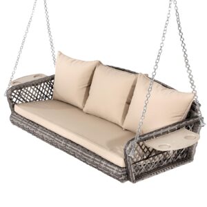 TITIMO 3-Seats Wicker Porch Swing Hanging Bench Chair Outdoor Gray Rattan Patio Swing Lounge with Cushions for Garden, Balcony, Deck