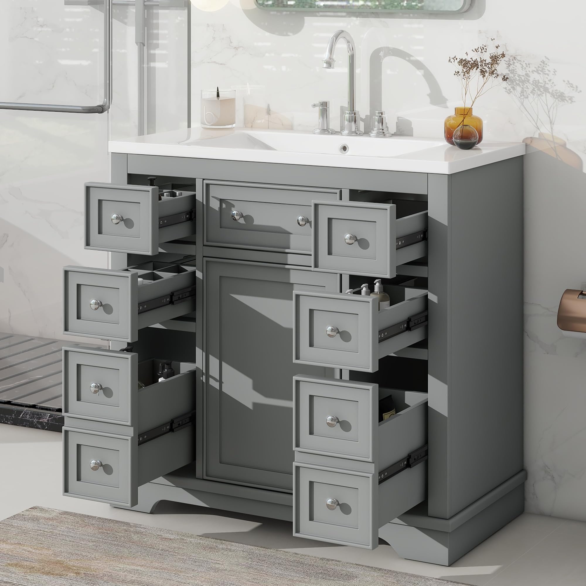 Entcook 36" Bathroom Vanity with Top and Sink, Bathroom Sink Vanity Set with 1 Cabinet 6 Drawers, Solid Wood and MDF Board, Bathroom Sink and Vanity Combo Set for Bathroom Grey