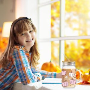 Whaline Fall Mason Jar Mug with Handle 18oz Pumpkin Flower Star Mason Jar Drinking Glasses Pink White Pumpkin Ice Coffee Cups with Lid and Straw for Iced Coffee Tea Soda Cocktail Gifts