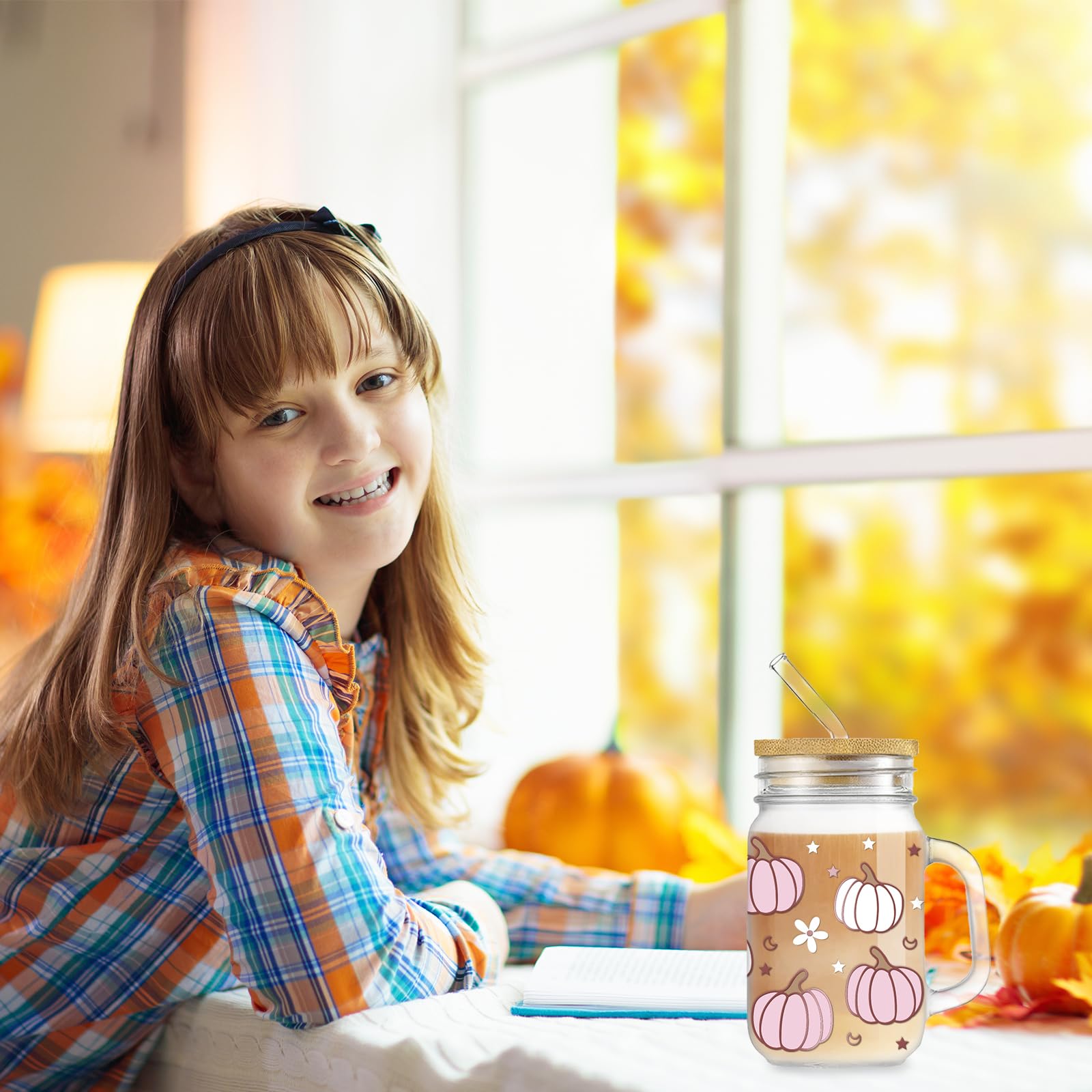 Whaline Fall Mason Jar Mug with Handle 18oz Pumpkin Flower Star Mason Jar Drinking Glasses Pink White Pumpkin Ice Coffee Cups with Lid and Straw for Iced Coffee Tea Soda Cocktail Gifts