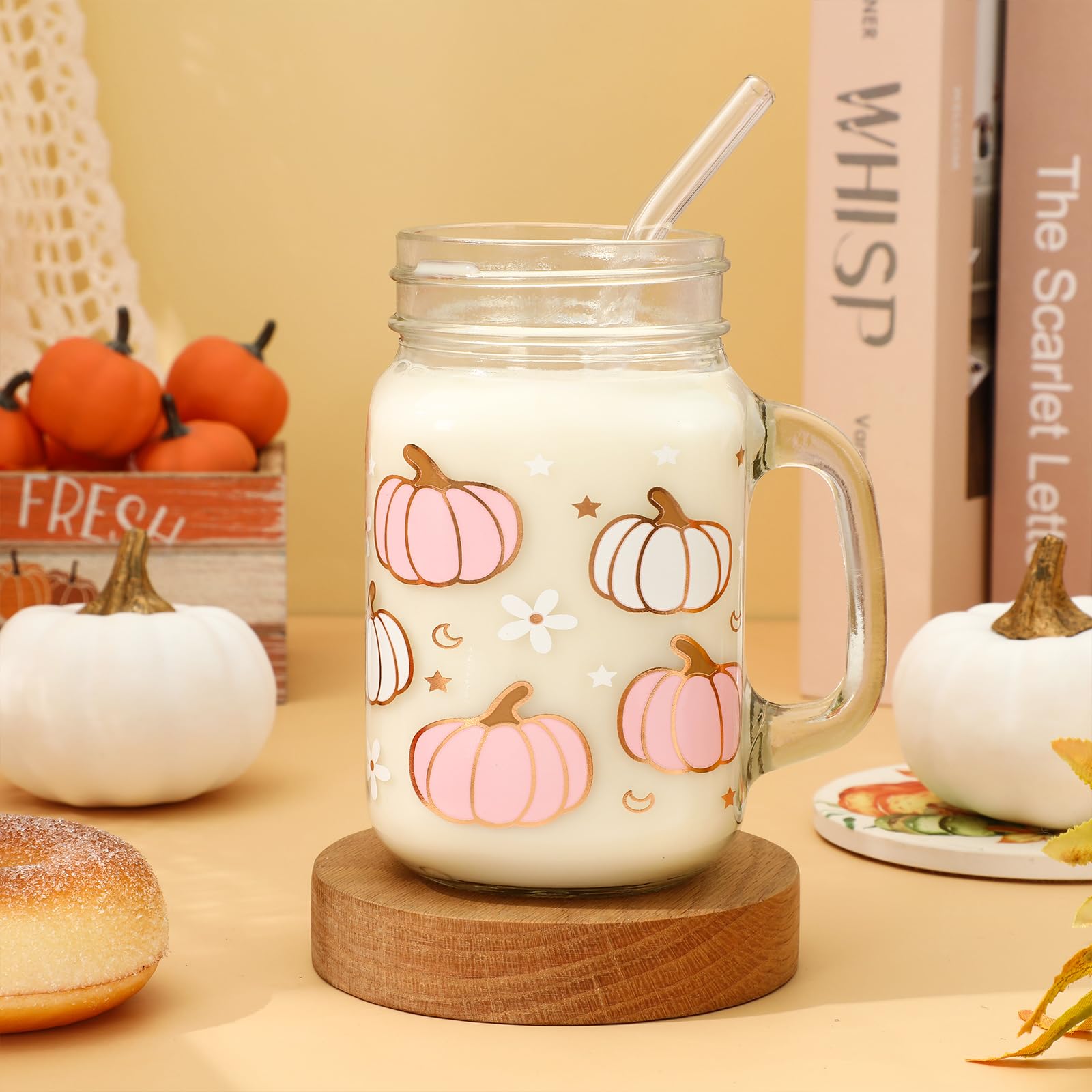 Whaline Fall Mason Jar Mug with Handle 18oz Pumpkin Flower Star Mason Jar Drinking Glasses Pink White Pumpkin Ice Coffee Cups with Lid and Straw for Iced Coffee Tea Soda Cocktail Gifts