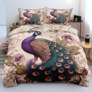 ccoutuechen purple peacock duvet cover queen size, unique exotic animal bedding set colorful flower bird duvet covers set boho chic bedding set, with 2 pillowcases（girls women adult）