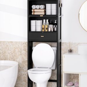 Cozivolife Over The Toilet Storage Cabinet with Drawer and Flip Door,Bamboo Bathroom Organizer Shelf with Anti-Tip Design and Waterproof Feet Pad,Freestanding Rack Above Toilet Space Saver (Black)