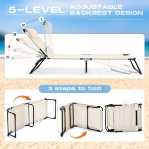 Suzile 2 Pack Folding Chaise Lounge Chairs Outdoor Adjustable Beach Tanning Chair with 5 Position Reclining Back Detachable Pillow Breathable Mesh Sun Lounger for Beach Pool Yard Camping(Beige)