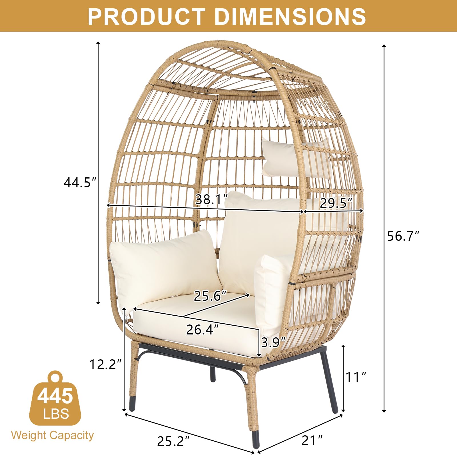 VINGLI Outdoor Egg Chair Oversized Indoor Outdoor Lounger with Cushions, Wicker Egg Chair Indoor for Patio Porch, Backyard, Living Room, Balcony, 600lb Capacity (Yellow)