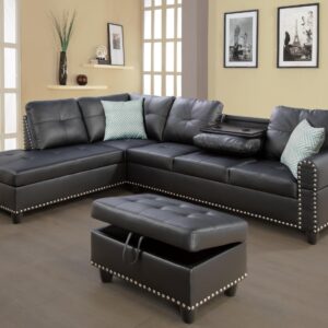 Favfurish 98" Faux Leather Sectional Sofa with Storage Ottoman and 2 Toss Pillows,3-Piece Couch Chaise W/Manufactured Wood Frame &Rounded Arms,for Living Room,Bedroom,Office,Black