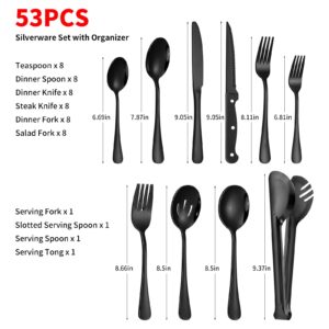 53PCS Black Silverware Set for 8 with Cutlery Drawer Organizer, Stainless Steel Flatware Set with Steak Knives, Include Spoons and Forks Set & Serving Utensils, Mirror Polished