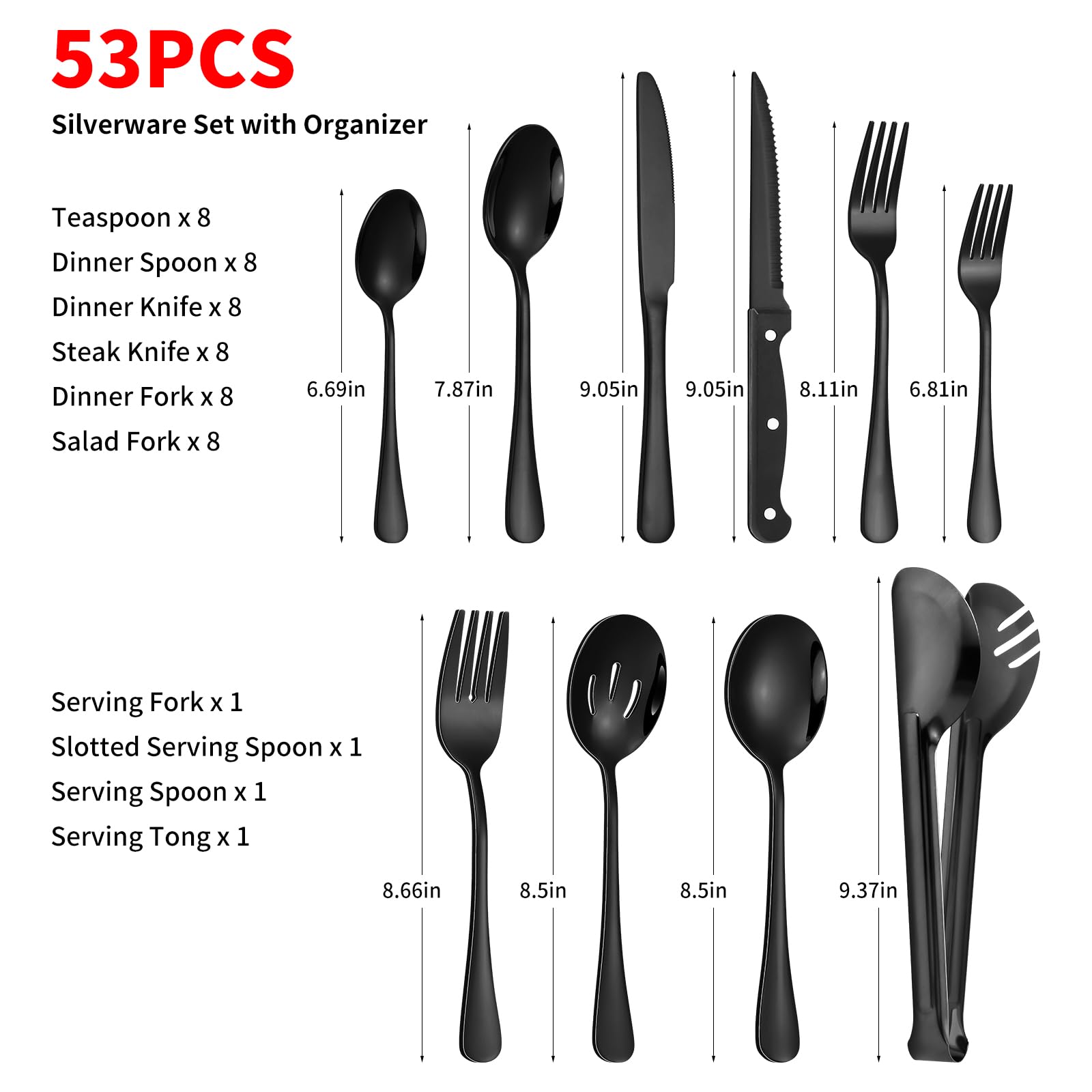 53PCS Black Silverware Set for 8 with Cutlery Drawer Organizer, Stainless Steel Flatware Set with Steak Knives, Include Spoons and Forks Set & Serving Utensils, Mirror Polished