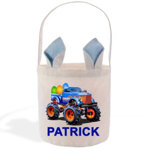 personalized monster truck easter basket with blue bunny rabbit ears for kids, toddlers, boys and girls