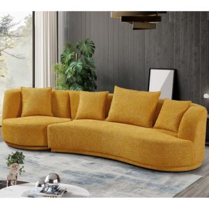 WILLIAMSPACE 109.84" Modern Curved Sofa Couch with 360° Swivel Arm Chair, Modern Upholstery Boucle Sofa 3 Seat Couch with 4 Throw Pillows, Luxury Curved Couch for Living Room Apartment (Yellow)