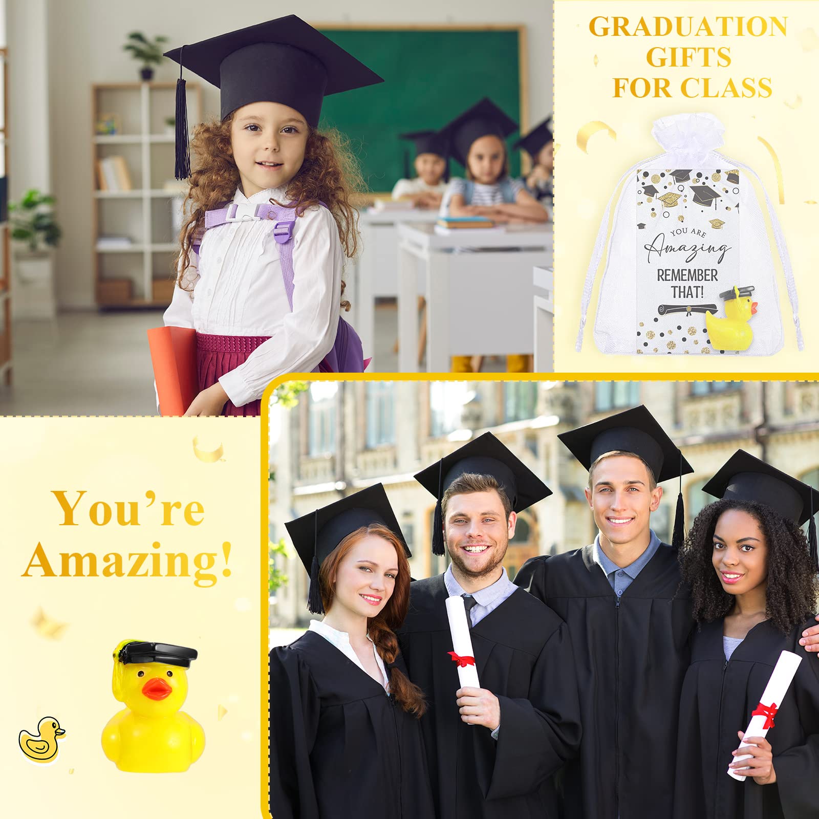 Chunful 24 Sets 2025 Graduation Gifts Resin Graduation Duck Funny Graduation Ducks with Inspirational Congratulation Cards Organza Bags for School Student College Son Daughter Graduation Party