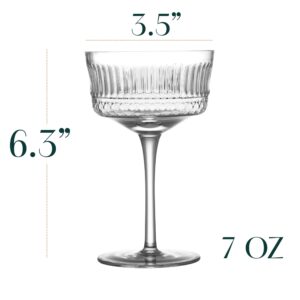 GLASSIQUE CADEAU Vintage Ritzy Cocktail and Champagne Coupe Glasses | Set of 4 | 7 oz Crystal Long Stemmed Glassware for Drinking Martini, Cosmopolitan, Manhattan | Retro Saucers