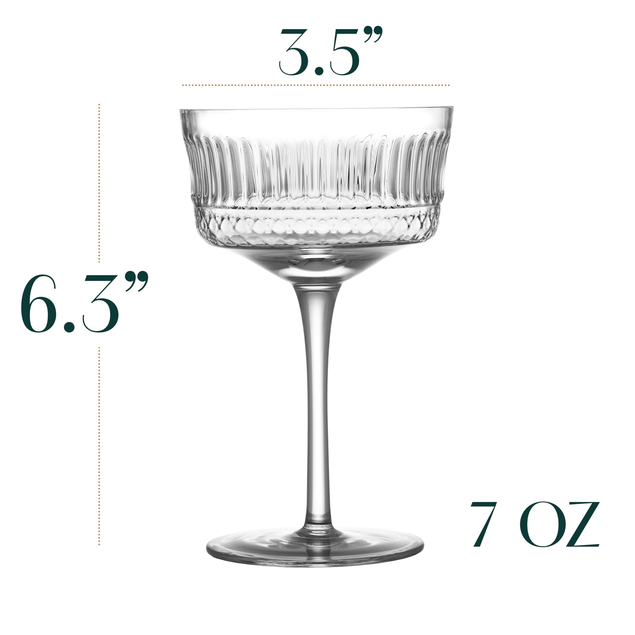 GLASSIQUE CADEAU Vintage Ritzy Cocktail and Champagne Coupe Glasses | Set of 4 | 7 oz Crystal Long Stemmed Glassware for Drinking Martini, Cosmopolitan, Manhattan | Retro Saucers